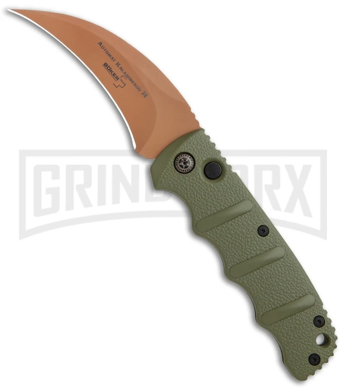 Boker Kalashnikov Desert Warrior Hawkbill Automatic Knife - Copper Plain Boker Kalashnikov Desert Warrior Hawkbill Automatic Knife - Copper Plain -Knives Shop Boker Desert Warrior Kalashnikov Hawkbill Auto OD Green Copper 01KALS69NSOI BHQ 103273 jr large