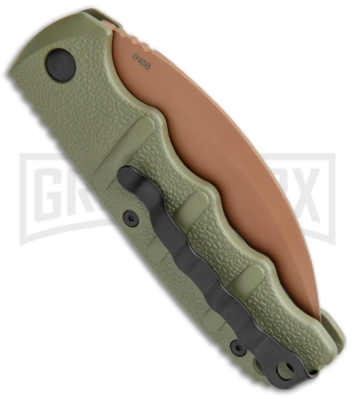 Boker Kalashnikov Desert Warrior Hawkbill Automatic Knife - Copper Plain Boker Kalashnikov Desert Warrior Hawkbill Automatic Knife - Copper Plain -Knives Shop Boker Desert Warrior Kalashnikov Hawkbill Auto OD Green Copper 01KALS69NSOI BHQ 103273 jr side large