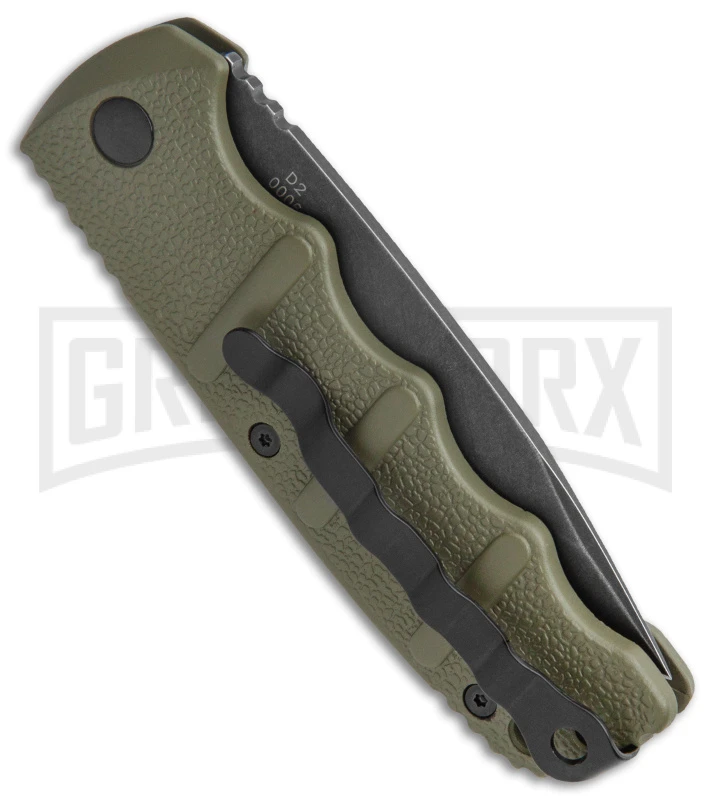 Boker Kalashnikov OD Green Automatic Knife - Drop Point Smokewash Plain Boker Kalashnikov OD Green Automatic Knife - Drop Point Smokewash Plain -Knives Shop Boker Kalashnikov Auto OD Green D2 Smokewash BHQ 144761 jr side large