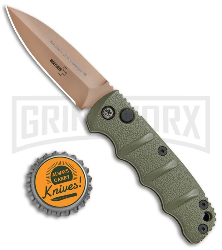 Boker Desert Warrior Mini Kalashnikov OD Green Automatic Knife - Copper Plain Boker Desert Warrior Mini Kalashnikov OD Green Automatic Knife - Copper Plain -Knives Shop Boker Kalashnikov Automat 74 AUSB OD Green jr bottlecap 1 large