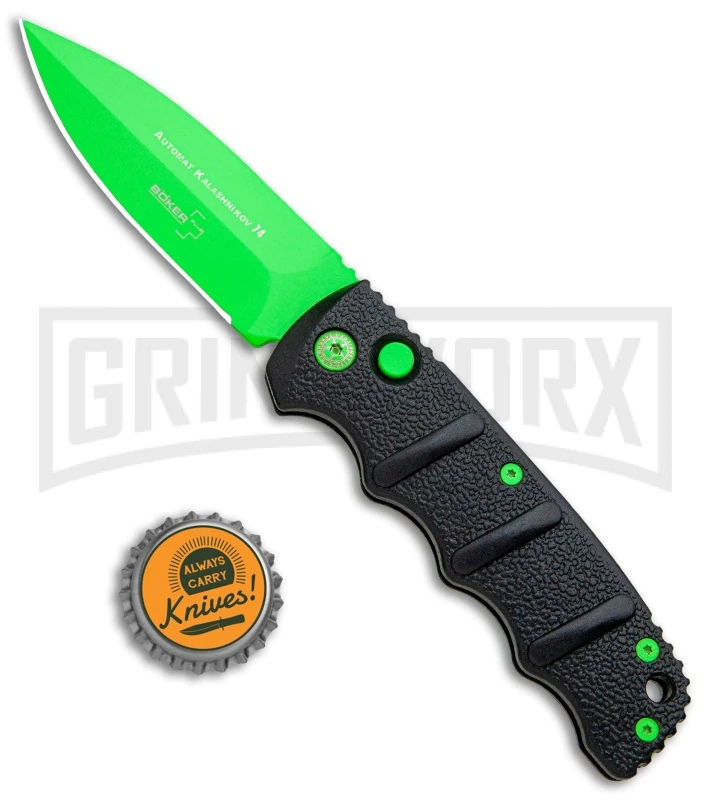 Boker Kalashnikov Automatic Knife - D2 Dagger Electric Green Plain Boker Kalashnikov Automatic Knife - D2 Dagger Electric Green Plain -Knives Shop Boker Kalashnikov Black Widow Green jr bottlecap large
