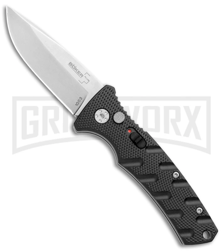 Boker Mini Strike Automatic Knife Black - Drop Point Stonewash Plain Boker Mini Strike Automatic Knife Black - Drop Point Stonewash Plain -Knives Shop Boker Mini Strike Auto Black SW 01BO435NSOI BHQ 99628 jr large