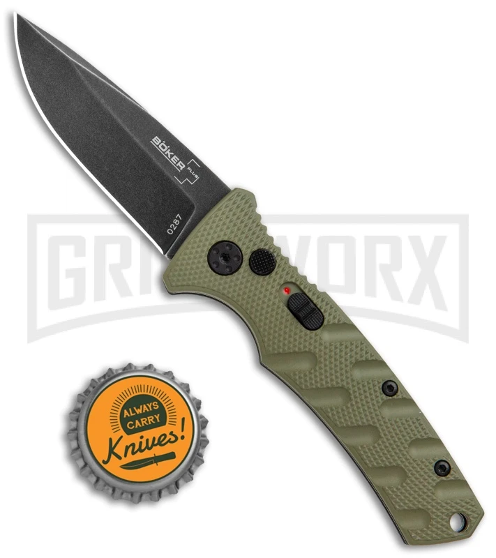 Boker Mini Strike Automatic Knife OD Green - Drop Point Black SW Plain Boker Mini Strike Automatic Knife OD Green - Drop Point Black SW Plain -Knives Shop Boker Mini Strike Auto OD Green Smokewash 01BO437NSOI BHQ 99630 jr bottlecap large
