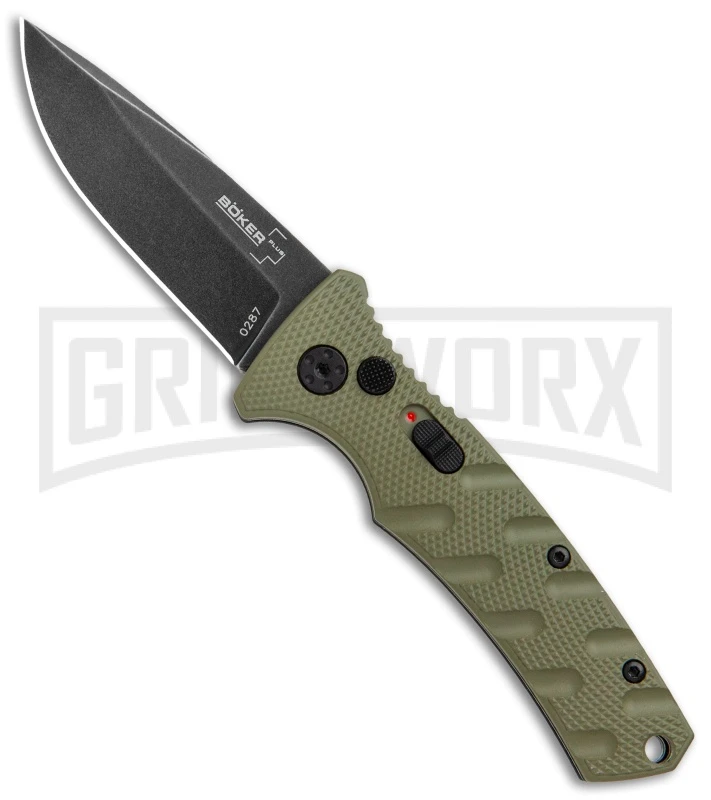 Boker Mini Strike Automatic Knife OD Green - Drop Point Black SW Plain Boker Mini Strike Automatic Knife OD Green - Drop Point Black SW Plain -Knives Shop Boker Mini Strike Auto OD Green Smokewash 01BO437NSOI BHQ 99630 jr large