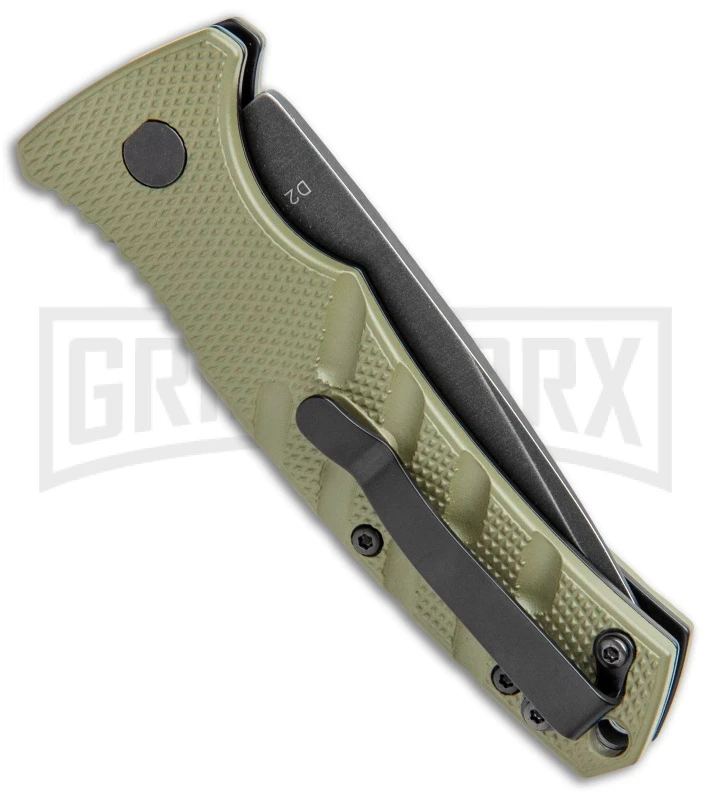 Boker Mini Strike Automatic Knife OD Green - Drop Point Black SW Plain Boker Mini Strike Automatic Knife OD Green - Drop Point Black SW Plain -Knives Shop Boker Mini Strike Auto OD Green Smokewash 01BO437NSOI BHQ 99630 jr side large