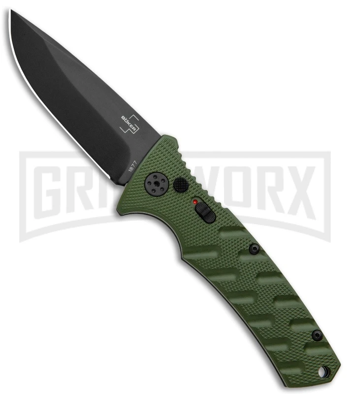 Boker Plus Strike OD Green Automatic Knife - Drop Point Black Plain Boker Plus Strike OD Green Automatic Knife - Drop Point Black Plain -Knives Shop Boker Plus Strike DP Auto OD Green Black BHQ 97033 jr large