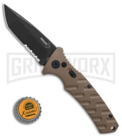 Boker Plus Strike Coyote Brown Automatic Knife - Tanto Black SW Serr -Knives Shop Boker Plus Strike Tanto Coyote Brown black sw serr BHQ 67885 er bottlecap large