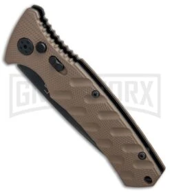 Boker Plus Strike Coyote Brown Automatic Knife - Tanto Black SW Serr -Knives Shop Boker Plus Strike Tanto Coyote Brown black sw serr BHQ 67885 er spine large