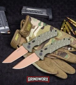 Boker Plus Strike Desert Warrior OD Green Automatic Knife - D2 Drop Point Copper -Knives Shop Boker Strike Drop Point Desert Warrior Automatic Knife OD Green Copper BHQ 70998 kp tactical webv large