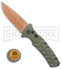 Boker Plus Strike Desert Warrior OD Green Automatic Knife - D2 Drop Point Copper -Knives Shop Boker Strike drop point Desert Warrior OD Green copper BHQ 70998 er bottlecap large