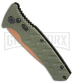 Boker Plus Strike Desert Warrior OD Green Automatic Knife - D2 Drop Point Copper -Knives Shop Boker Strike drop point Desert Warrior OD Green copper BHQ 70998 er spine large